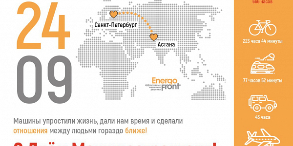 Инфографика ЭнергоФронт к Дню машиностроителя с картой маршрута Санкт-Петербург — Астана