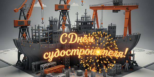 3D-открытка С Днём судостроителя с кораблём и оранжевыми кранами